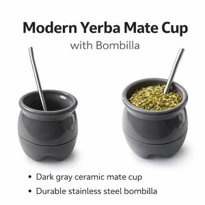 Modern Yerba Mate Cup + Stainless Steel Bombilla | Dark Gray Ceramic Mate Set